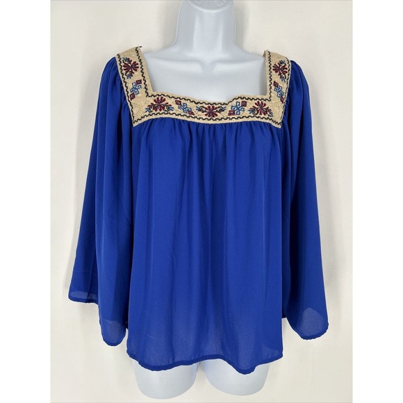 Flying Tomato Women’s Floral Embroidered Boho Flowy Blue Sheer Top Blouse‎ L - Picture 1 of 8
